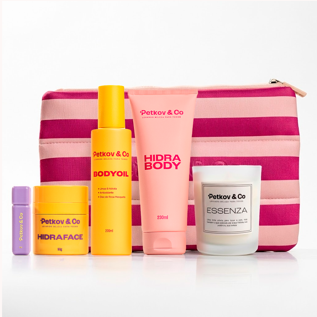 KIT PETKOV & CO. LIMITADO — HidraBody + HidraFace + Body Oil + Lip Oil + Necessaire (Tamanho M) + Vela