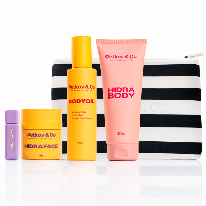 KIT PARA VOCÊ — HidraBody + HidraFace + Body Oil + Lip Oil + Necessaire (Tamanho P)